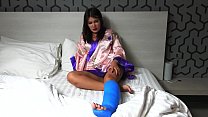 Short cast leg in bed with a hot teen
